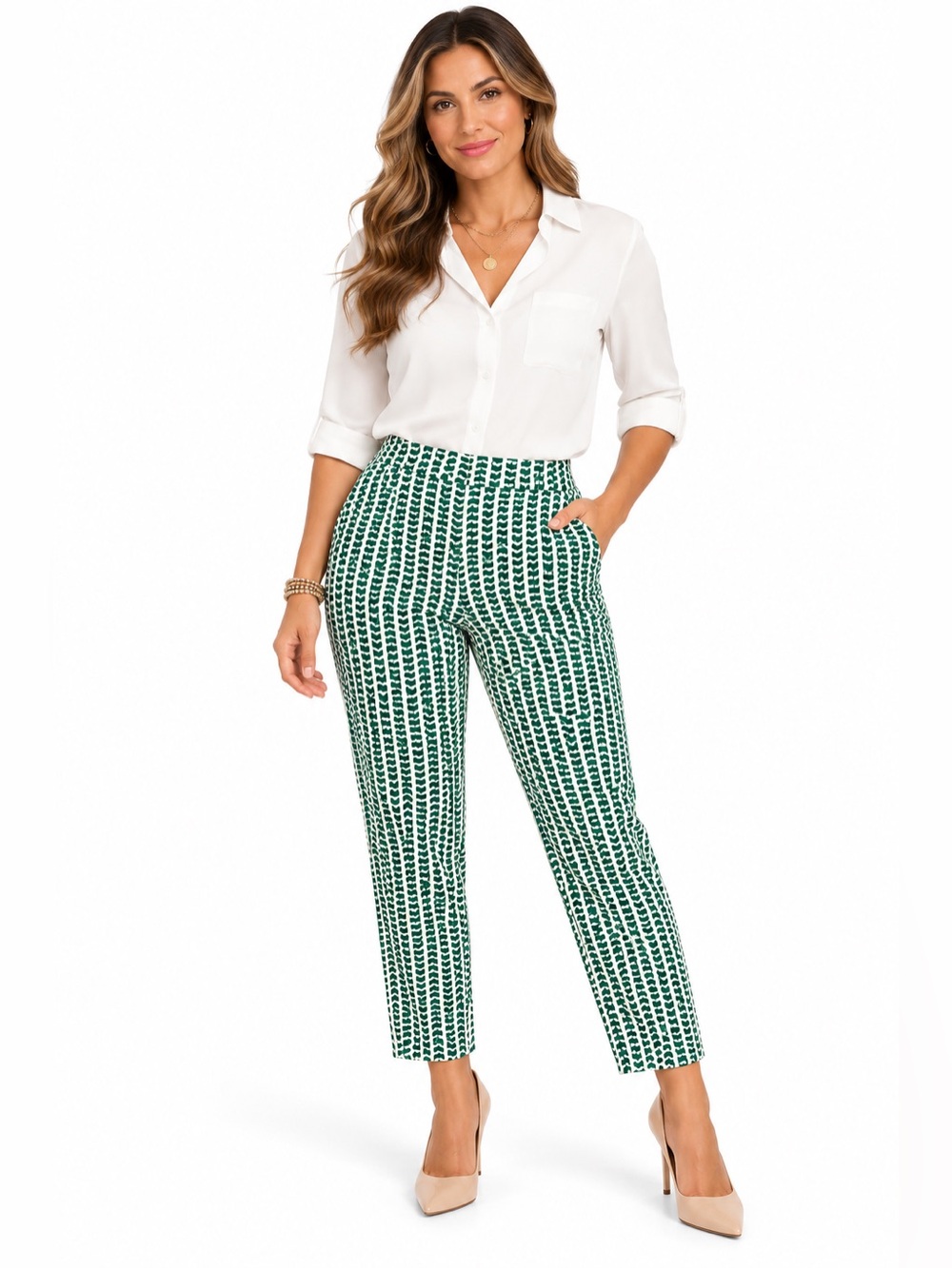A New Day Green White Geometric Print High Rise Ankle Work Pants 17R NWT